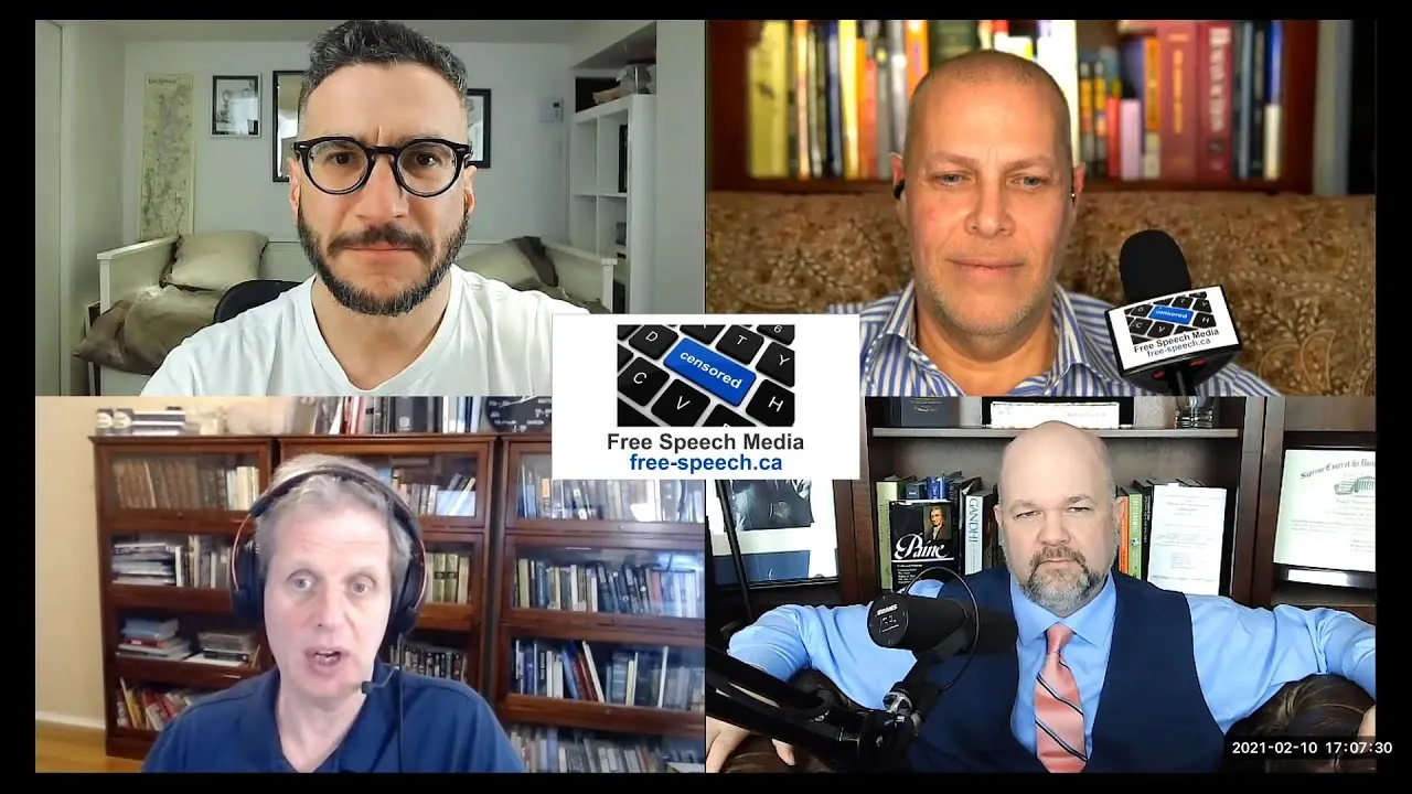Four-way video call: Robert Barnes, David Freiheit, Eugene Volokh and Mike Bayer, with the Free Speech Media badge at the centre